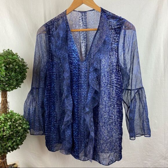 Ellie Tahari Blue Sheer Silk Blend Print Ruffle Bell Sleeveless Blouse Top S - Picture 3 of 8